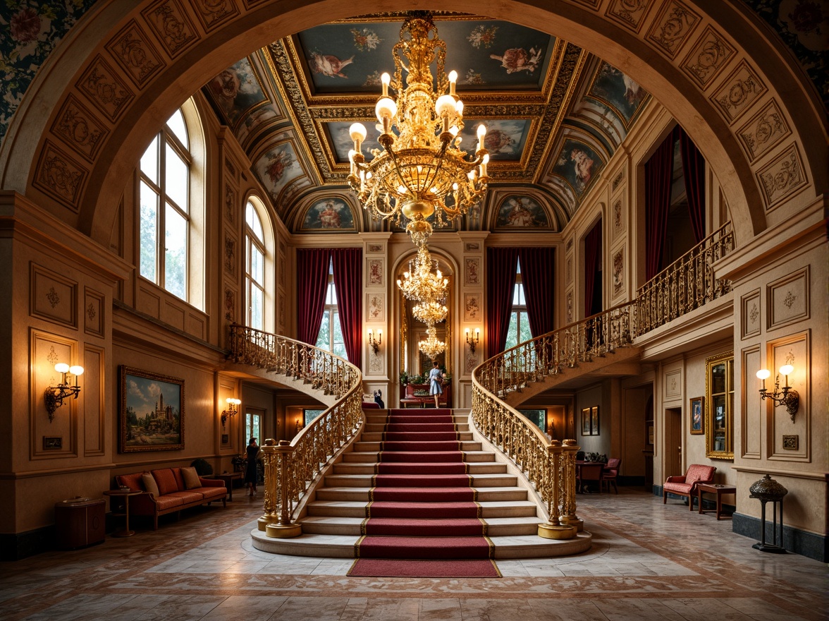 Prompt: Ornate palace, grand staircase, intricately carved banisters, lavish chandeliers, opulent furnishings, velvet drapes, gold accents, ornamental mirrors, frescoed ceilings, marble floors, intricate moldings, curved lines, rich tapestries, lavish patterns, warm golden lighting, shallow depth of field, 1/1 composition, symmetrical view, highly detailed textures, ambient occlusion.