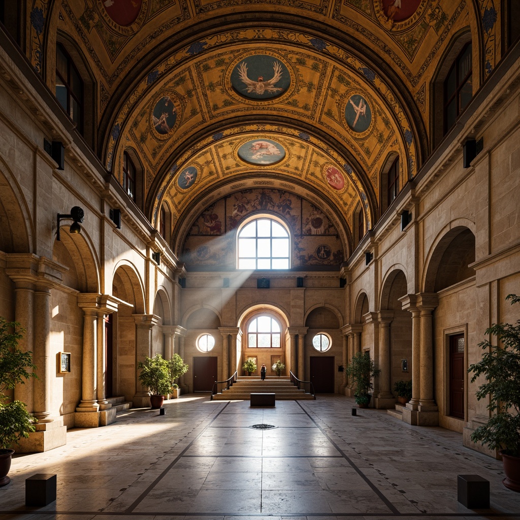 Prompt: Intricate monastery complex, Byzantine architecture, ornate arches, vaulted ceilings, grand entranceways, ornamental columns, polished marble floors, golden mosaics, elaborate frescoes, spiritual ambiance, soft warm lighting, dramatic shadows, 1/1 composition, symmetrical framing, classical proportions, rustic stone walls, serene cloisters, peaceful courtyards.