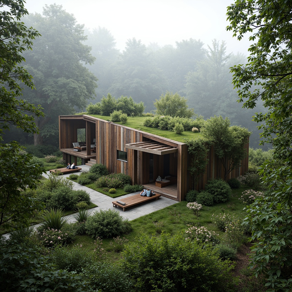 Prompt: Harmonious eco-lodge, blending with surroundings, lush green roof, reclaimed wood facade, natural stone walls, earthy color palette, organic shapes, minimal carbon footprint, sustainable building materials, energy-efficient systems, solar panels, rainwater harvesting, living walls, verdant gardens, serene forest surroundings, misty morning atmosphere, soft diffused lighting, shallow depth of field, 2/3 composition, intimate scale, natural textures, ambient occlusion.