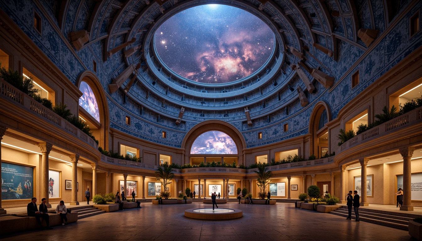 Prompt: Celestial dome, starry night sky, ancient Roman-inspired architecture, grand archways, ornate columns, intricate mosaics, curved staircases, majestic entrance halls, high ceilings, spacious exhibit areas, interactive displays, virtual reality experiences, 3D projections, ambient lighting, soft warm glow, shallow depth of field, panoramic view, realistic textures, ambient occlusion.