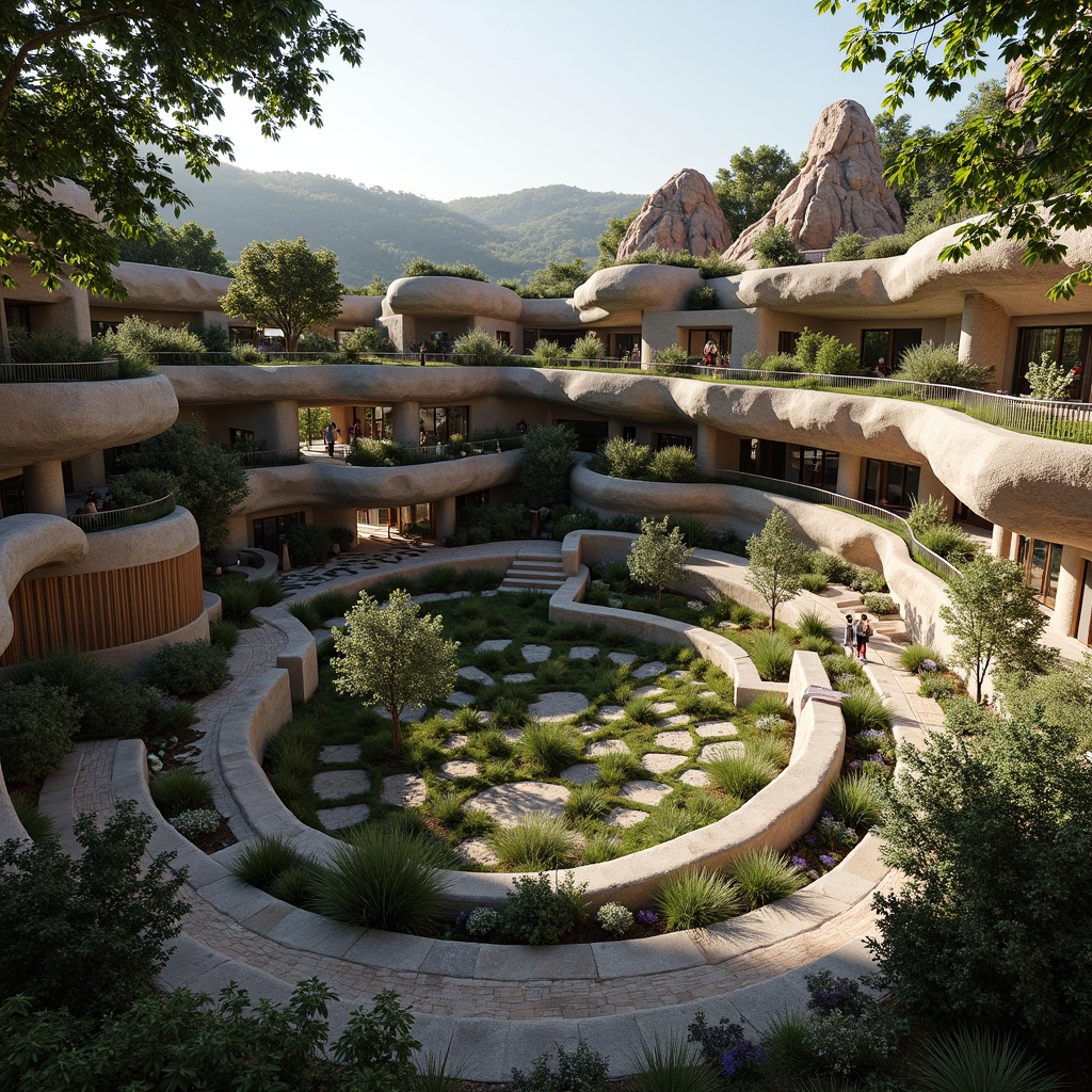 Prompt: Natural amphitheater, rugged stone formations, lush greenery, winding trails, scenic overlooks, eclectic architecture, curved lines, vibrant colors, mixed materials, wooden accents, metal beams, glass railings, panoramic views, soft warm lighting, dramatic shadows, 3/4 composition, atmospheric perspective, realistic textures, ambient occlusion.