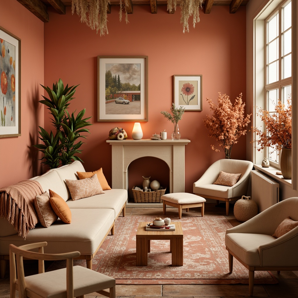 Prompt: Vibrant peach hues, soft apricot tones, warm beige backgrounds, rustic terracotta accents, natural earthy textures, whimsical floral patterns, delicate lace details, romantic candlelight ambiance, shallow depth of field, 1/2 composition, pastel color scheme, creamy whites, rich wood furnishings, eclectic bohemian decor, playful abstract art pieces.