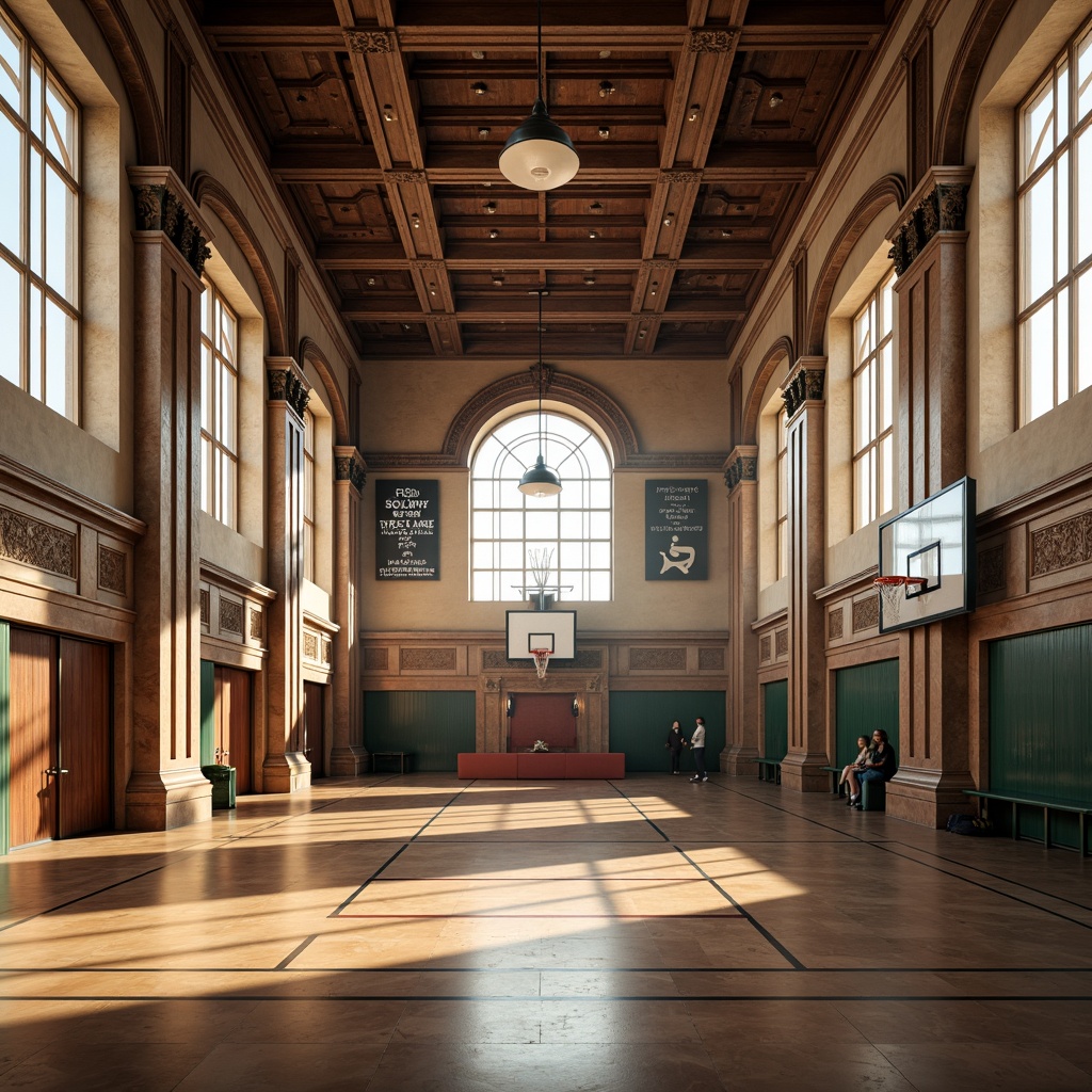 Prompt: Grand gymnasium, renaissance style architecture, ornate columns, arched windows, vaulted ceiling, marble floors, rich wood accents, classical pilasters, athletic equipment, basketball hoops, sports mats, scoreboard displays, natural light pouring in, warm color palette, soft indirect lighting, shallow depth of field, 1/2 composition, symmetrical framing, realistic textures, ambient occlusion.