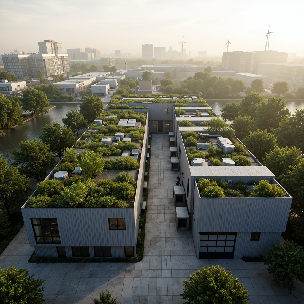 Prompt: Industrial factory building, lush green roofs, vertical gardens, solar panels, wind turbines, sustainable materials, natural ventilation systems, large windows, metal frames, minimalist design, exposed ductwork, polished concrete floors, industrial chic aesthetic, urban landscape, misty morning atmosphere, soft warm lighting, shallow depth of field, 1/1 composition, realistic textures, ambient occlusion.