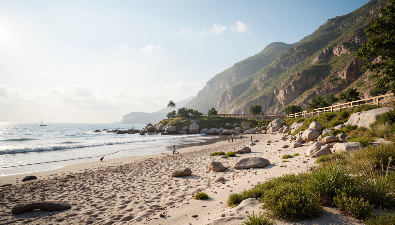 Prompt: Sandy coastline, rocky shores, waves crashing, ocean breeze, driftwood sculptures, beachy dunes, salt-tolerant vegetation, weathered wooden piers, sailboats bobbing, seagulls flying, gentle morning light, warm sunny day, soft misty atmosphere, 1/2 composition, shallow depth of field, natural textures, ambient occlusion, sustainable coastal development, eco-friendly infrastructure, green roofs, renewable energy systems, innovative water management, organic architecture, harmonious integration with nature.