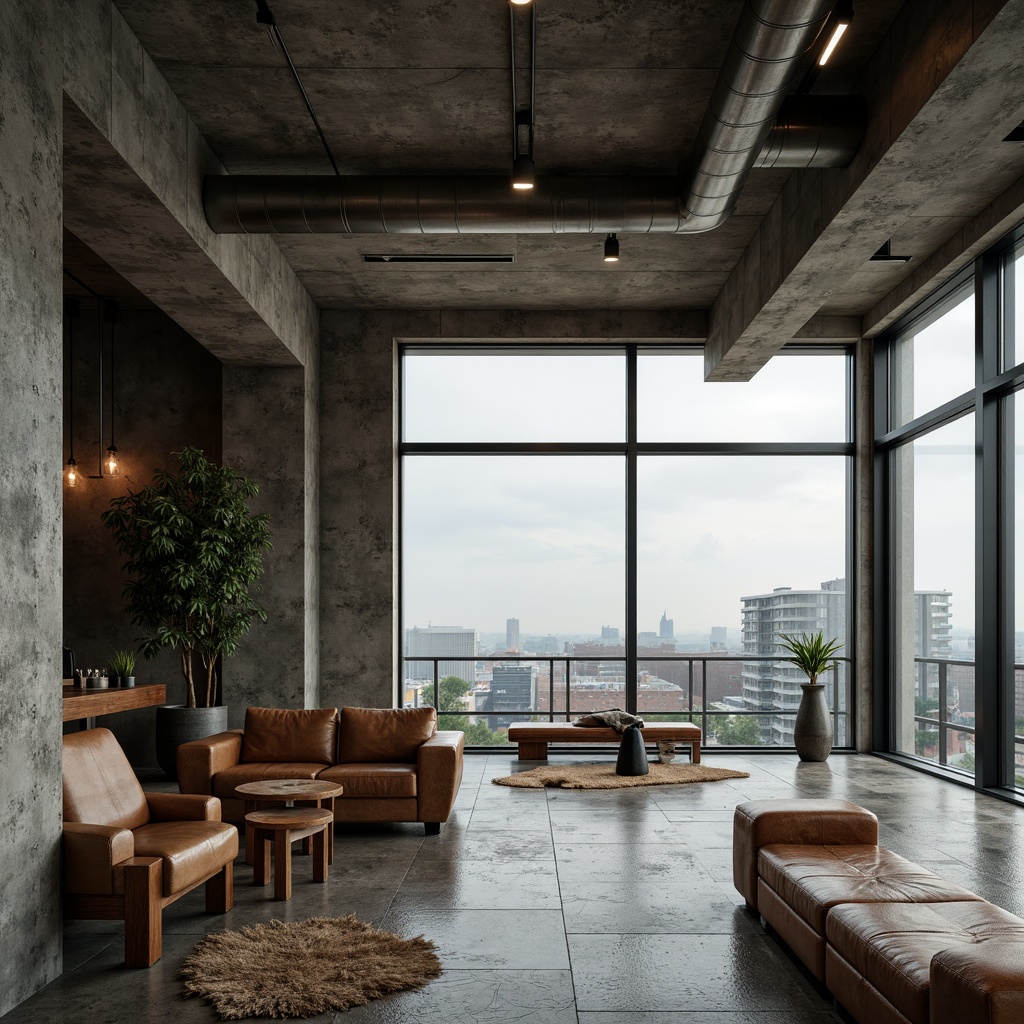 Prompt: Exposed concrete walls, rough stone floors, metal beams, industrial pipes, minimalist decor, monochromatic color scheme, raw unfinished wood accents, distressed leather furniture, urban cityscape views, rainy day atmosphere, soft warm lighting, shallow depth of field, 1/2 composition, realistic textures, ambient occlusion, brutalist architectural elements, functional simplicity, stripped-back aesthetic.