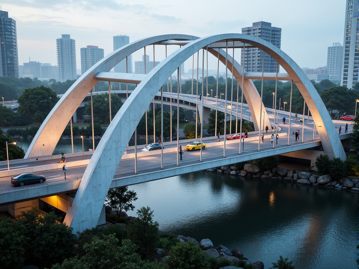 Prompt: Futuristic bridge design, sleek steel arches, gleaming white concrete, durable carbon fiber, sustainable recycled materials, intricate cable-stayed systems, vibrant LED lighting, misty atmospheric effects, soft warm ambient glow, shallow depth of field, 1/2 composition, realistic metallic textures, ambient occlusion, urban cityscape background, busy road traffic, flowing water streams, lush greenery surroundings.