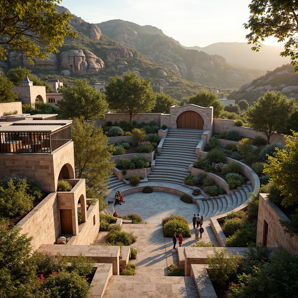 Prompt: Amphitheater landscape, eclectic architecture, irregular stone walls, lush green roofs, vibrant flower gardens, meandering walkways, curved staircases, ornate metal railings, rustic wooden benches, natural rock formations, dramatic slope changes, panoramic views, warm golden lighting, soft focus photography, 1/2 composition, symmetrical framing, realistic textures, ambient occlusion, Mediterranean-inspired colors, earthy tone palette.