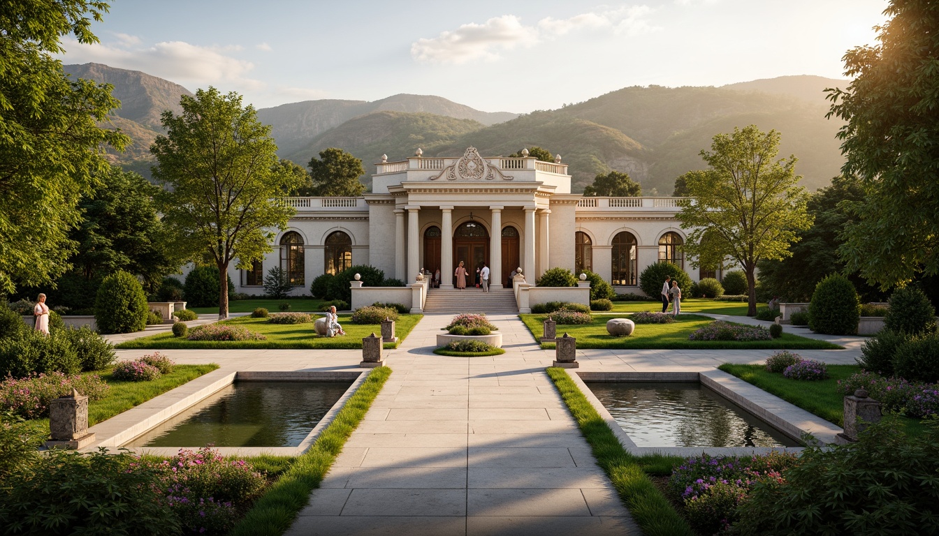 Prompt: Elegant neoclassical mansion, symmetrical fa\u00e7ade, grand entrance, ornate columns, carved stone details, lush green gardens, serene water features, walking paths, lanterns, statuary, rolling hills, blooming flowers, sunny afternoon, warm golden lighting, shallow depth of field, 1/2 composition, romantic atmosphere, realistic textures, ambient occlusion.