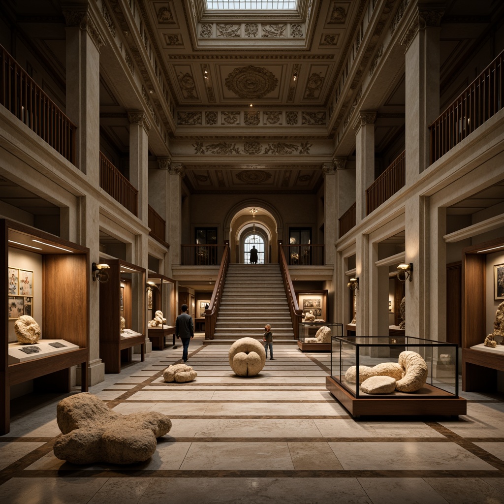 Prompt: Ancient artifacts, fossil exhibits, dimly lit galleries, polished marble floors, high ceilings, ornate moldings, grand staircases, vintage display cases, intricate stone carvings, restored historical facades, modern minimalist interiors, neutral color palette, soft warm lighting, shallow depth of field, 1/1 composition, realistic textures, ambient occlusion, subtle reflection, museum ambiance.