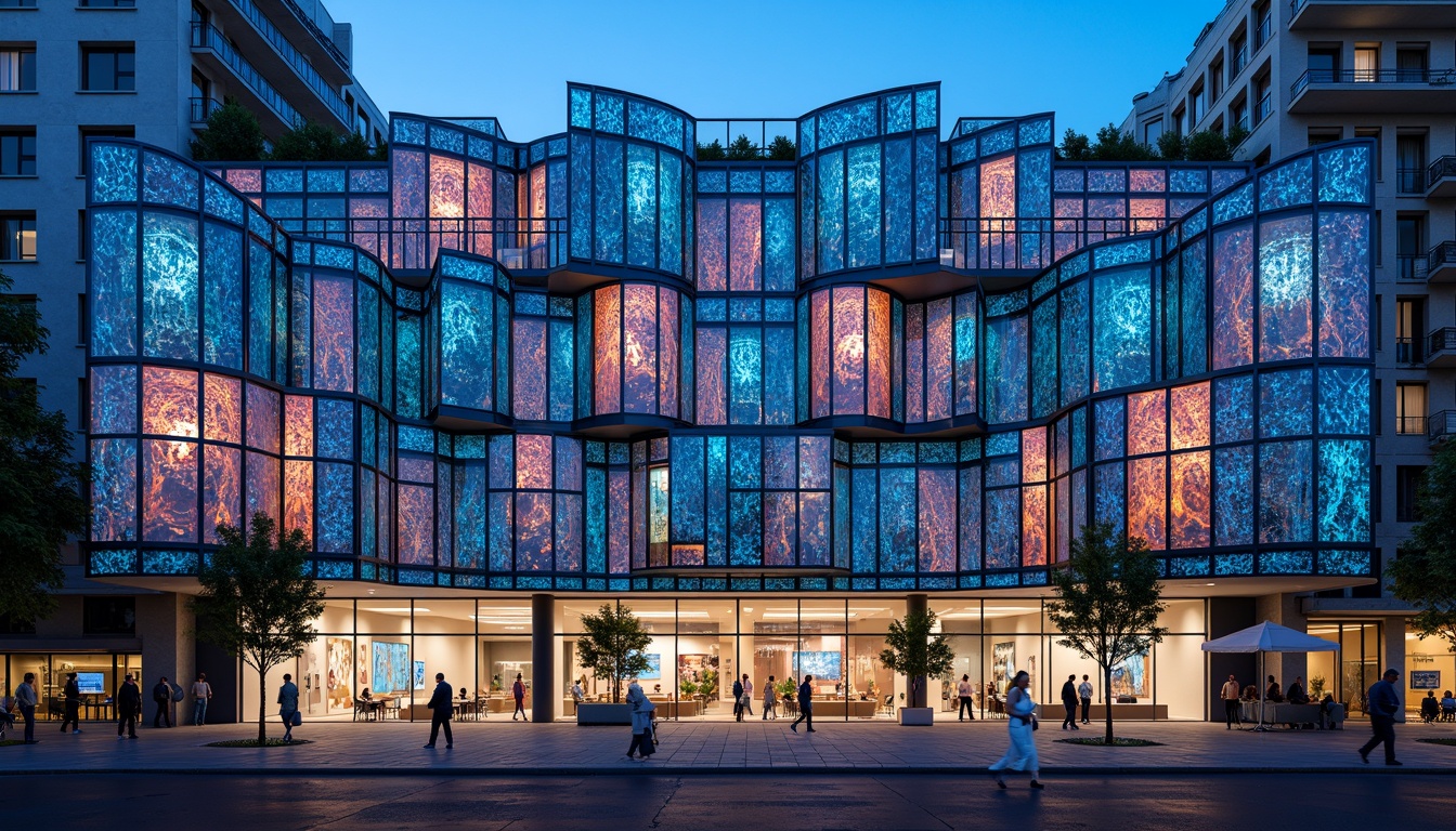 Prompt: Bioluminescent museum facade, iridescent glass panels, undulating curves, parametric architecture, futuristic details, metallic latticework, neon accents, dynamic LED lighting, urban cityscape, evening atmosphere, soft misty effects, shallow depth of field, 2/3 composition, symmetrical framing, high-contrast color scheme, abstract geometric patterns, organic structural elements, sustainable building materials, natural ventilation systems, cantilevered rooflines, futuristic sculptures, interactive exhibit spaces.