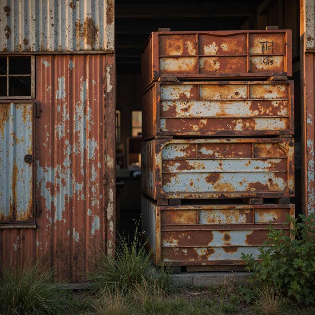 Prompt: Weathered corrugated iron, rustic metal sheets, distressed finishes, oxidized surfaces, industrial aesthetic, worn-out edges, faded colors, vintage patina, rough textures, metallic sheen, aged appearance, rural landscape, abandoned factory, nostalgic atmosphere, warm golden lighting, shallow depth of field, 1/1 composition, realistic reflections.