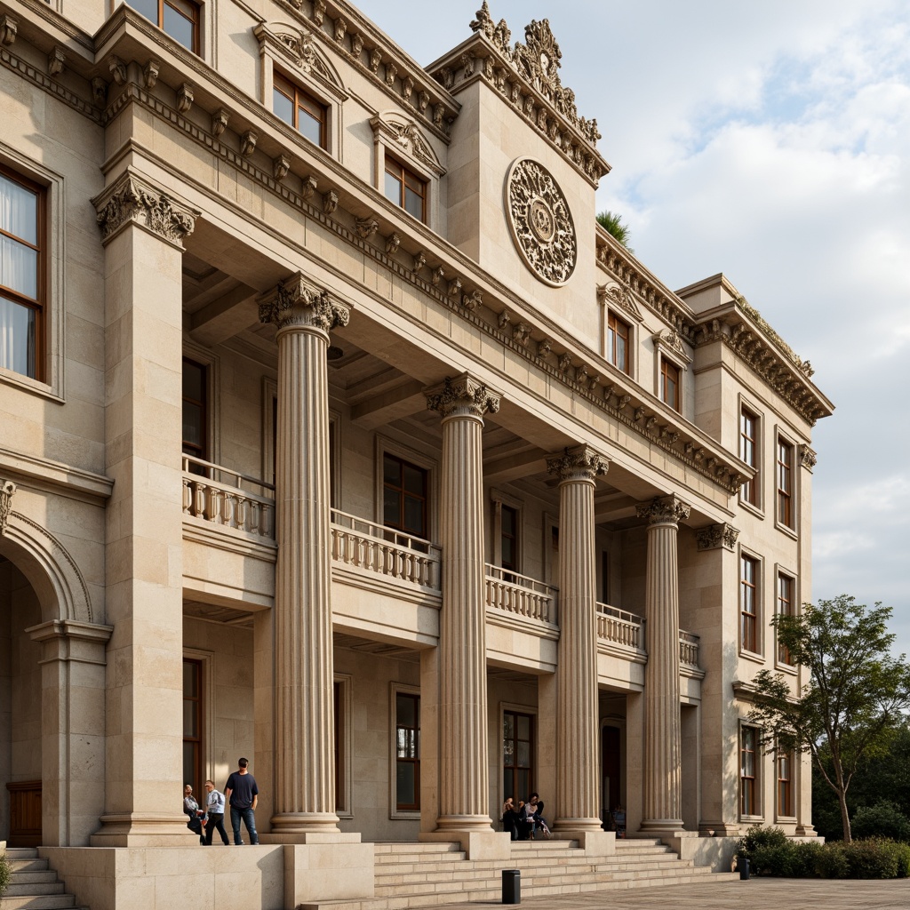 Prompt: Grand neoclassical building, ornate fa\u00e7ade, Corinthian columns, symmetrical composition, balanced proportions, elegant stone carvings, intricate moldings, ornamental details, subtle arches, rusticated base, classical pediments, decorative entablatures, richly textured walls, warm beige tones, soft natural lighting, shallow depth of field, 2/3 composition, realistic textures, ambient occlusion.