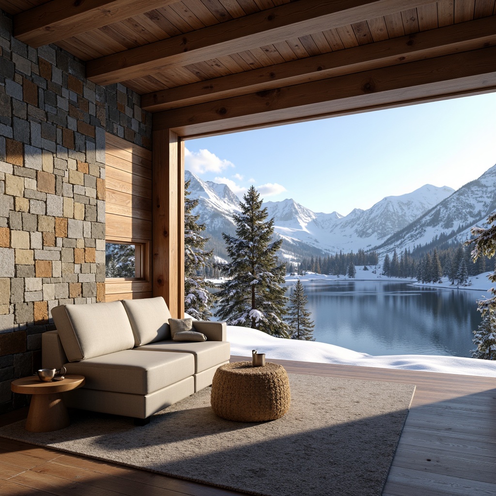 Prompt: Snow-capped mountains, frozen lakes, wooden ski lodges, rustic stone walls, earthy tones, natural materials, warm cozy interiors, wooden beams, pine trees, snowflakes, frosty mornings, cold climates, functional modern design, minimalist aesthetic, monochromatic color scheme, icy blues, snowy whites, rich browns, warm golden lighting, soft ambient glow, shallow depth of field, 1/1 composition, realistic textures, ambient occlusion.