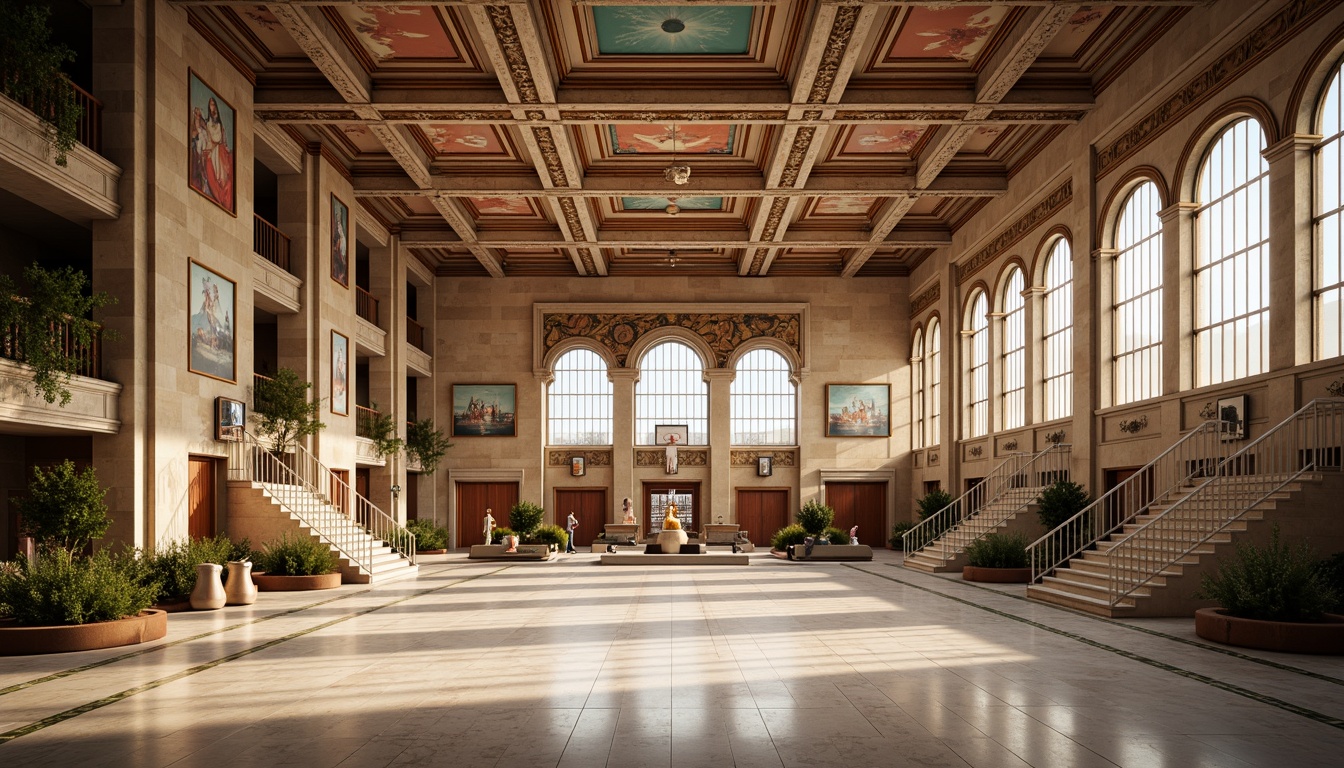 Prompt: Grandiose gymnasium interior, ornate columns, intricate carvings, Renaissance-inspired arches, polished marble floors, vibrant fresco ceilings, sweeping staircases, ornamental railings, athletic equipment, basketball hoops, tennis courts, mirrored walls, natural stone accents, large windows, soft warm lighting, shallow depth of field, 1/2 composition, realistic textures, ambient occlusion.Let me know if this meets your expectations!