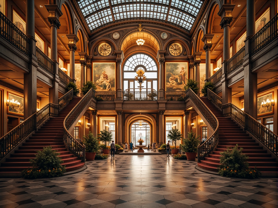 Prompt: Ornate bus station, grandiose entrance, symmetrical archways, opulent chandeliers, intricate marble patterns, lavish golden accents, dramatic staircases, imposing columns, high ceilings, ornamental metalwork, rich velvet textures, majestic fountain displays, vibrant fresco paintings, dynamic lighting effects, cinematic composition, low-angle shot, radial symmetry, 1/1 aspect ratio, warm color palette, soft focus blur.