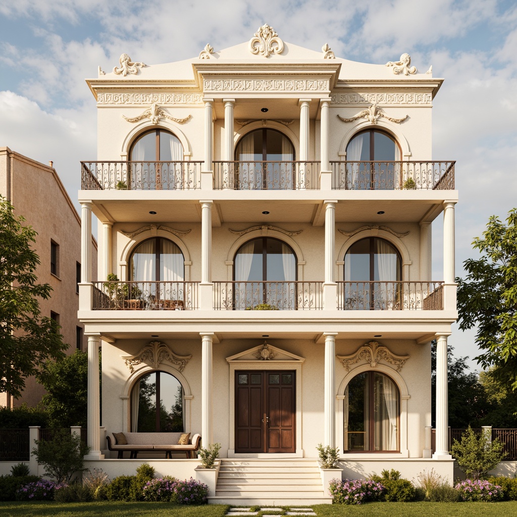 Prompt: Grandiose facade, ornate columns, intricately carved details, symmetrical composition, rusticated base, arched windows, balconies with ornate railings, pediments with sculpted reliefs, classical Greek-inspired motifs, creamy white stone walls, subtle texture variation, warm golden lighting, shallow depth of field, 2/3 composition, realistic render, ambient occlusion.