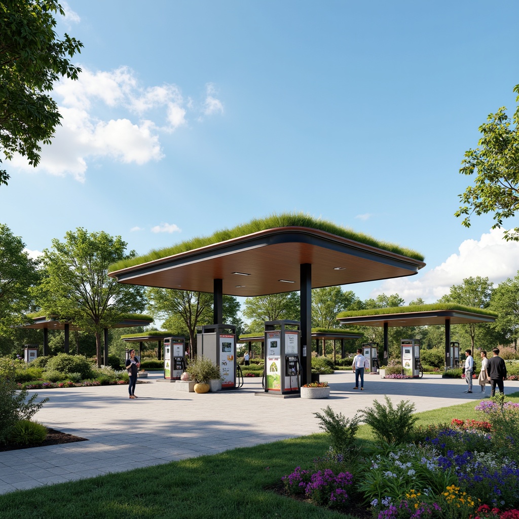 Prompt: Modern gas station, sleek fuel pumps, green roofs, solar panels, eco-friendly signage, natural stone flooring, lush vegetation, blooming flowers, shaded canopies, LED lighting, minimalist architecture, curved lines, innovative drainage systems, rainwater harvesting, permeable pavement, native plant species, vibrant colored accents, inviting pedestrian spaces, comfortable outdoor seating, panoramic views, shallow depth of field, 3/4 composition, realistic textures.