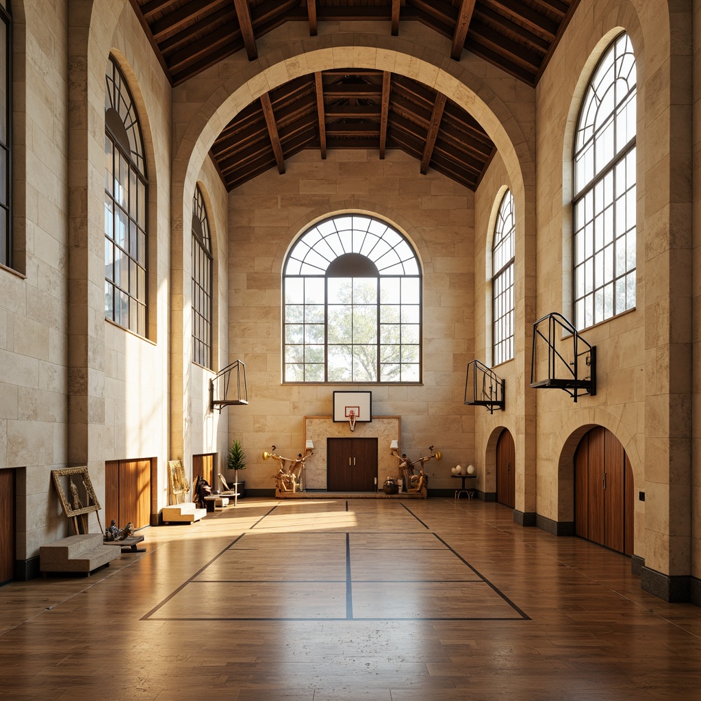 Prompt: Renaissance-style gymnasium, large arched windows, high ceilings, cream-colored stone walls, wooden athletic flooring, vintage sports equipment, ornate chandeliers, grand staircases, natural stone columns, majestic entrance halls, soft warm lighting, indirect sunlight, clerestory windows, north-facing orientation, minimal window treatments, bright airy atmosphere, 1/2 composition, warm color palette, realistic textures, subtle shadows.