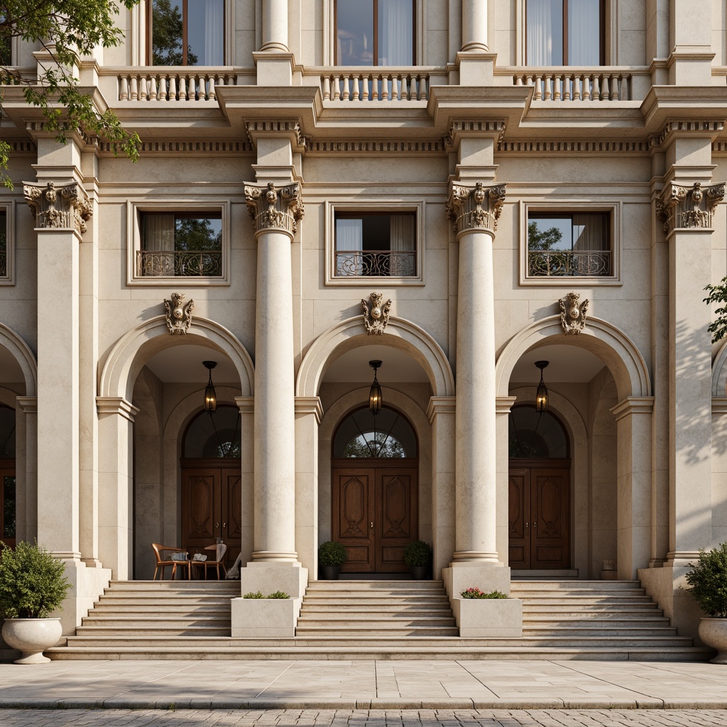 Prompt: Grandiose building facade, ornate Corinthian columns, intricately carved capitals, decorative pilasters, ornamental moldings, classical arches, symmetrical composition, imposing entranceways, grand staircases, marble flooring, elegant balustrades, refined stucco textures, subtle color palette, soft warm lighting, shallow depth of field, 1/1 composition, realistic renderings, ambient occlusion.