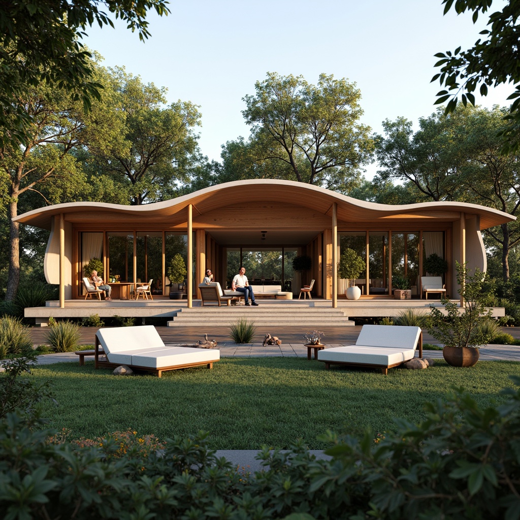 Prompt: Elegant pavilion, curved lines, large overhangs, natural ventilation, energy-efficient systems, solar panels, green roofs, rainwater harvesting, recyclable materials, minimalist interior design, organic textures, earthy color palette, lush surrounding vegetation, serene atmosphere, warm natural lighting, shallow depth of field, 3/4 composition, panoramic view, realistic reflections, ambient occlusion.