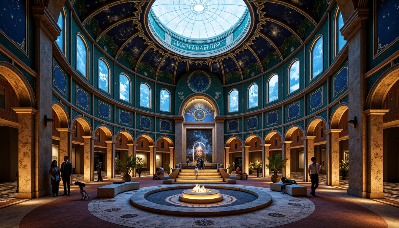 Prompt: Celestial planetarium, Romanesque arches, rich jewel tones, deep blues, emerald greens, amethyst purples, golden accents, intricate mosaics, ornate carvings, celestial maps, starry night skies, soft warm lighting, shallow depth of field, 3/4 composition, panoramic view, realistic textures, ambient occlusion.