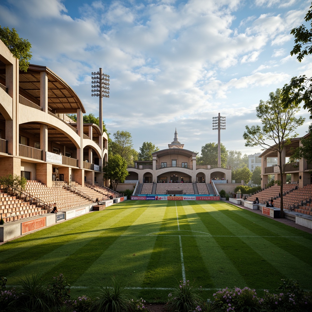 Prompt: Timeless soccer stadium, grandiose architecture, ornate columns, arches, domes, symmetrical facades, earthy tone color palette, beige stone walls, rusted metal gates, lush green grass, vibrant team colors, nostalgic wooden benches, retro-style signage, majestic floodlights, cloudy blue sky, warm afternoon sunlight, shallow depth of field, 1/1 composition, realistic textures, ambient occlusion.