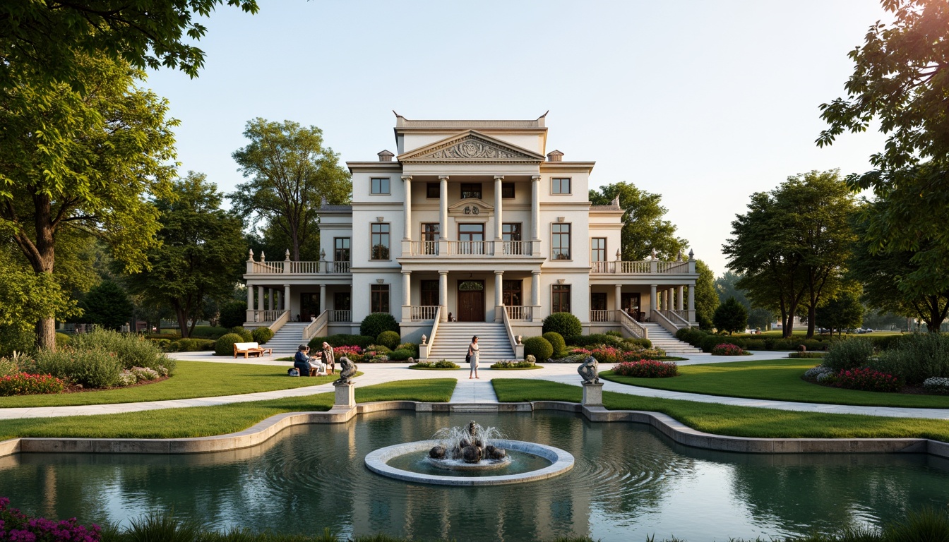 Prompt: Grand neoclassical mansion, symmetrical facade, ornate columns, intricately carved stone details, lush greenery, vibrant flowers, manicured lawns, serene lake views, picturesque walking paths, wooden benches, classical statues, tranquil fountain features, soft warm lighting, shallow depth of field, 3/4 composition, panoramic view, realistic textures, ambient occlusion.