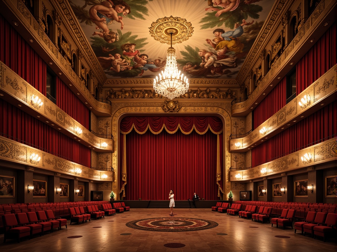 Prompt: Lavish opera house interior, rich velvet curtains, golden ornate details, grand crystal chandeliers, intricate fresco ceilings, luxurious red carpeting, opulent marble flooring, ornamental gold leaf accents, dramatic spotlights, soft warm ambient lighting, 1/1 composition, shallow depth of field, realistic textures, ambient occlusion.