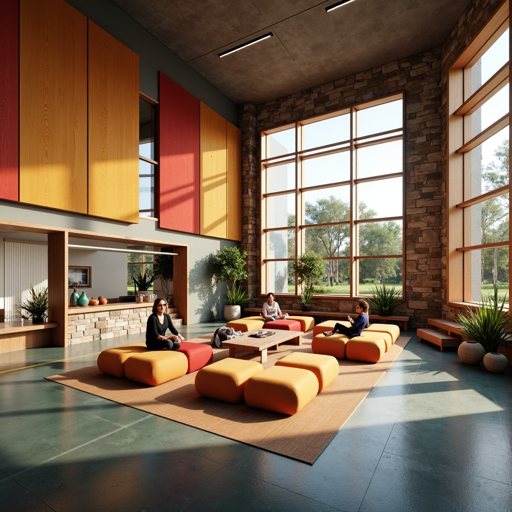 Prompt: Cozy gymnasium interior, soft cushioned flooring, vibrant colorful textiles, ergonomic seating areas, wooden accents, natural stone walls, large windows, abundant sunlight, warm ambient lighting, acoustic panels, sound-absorbing materials, modern sports equipment, minimalist design, functional layout, open spaces, refreshing ventilation systems, calming atmosphere, 1/1 composition, shallow depth of field, realistic textures, subtle color palette.