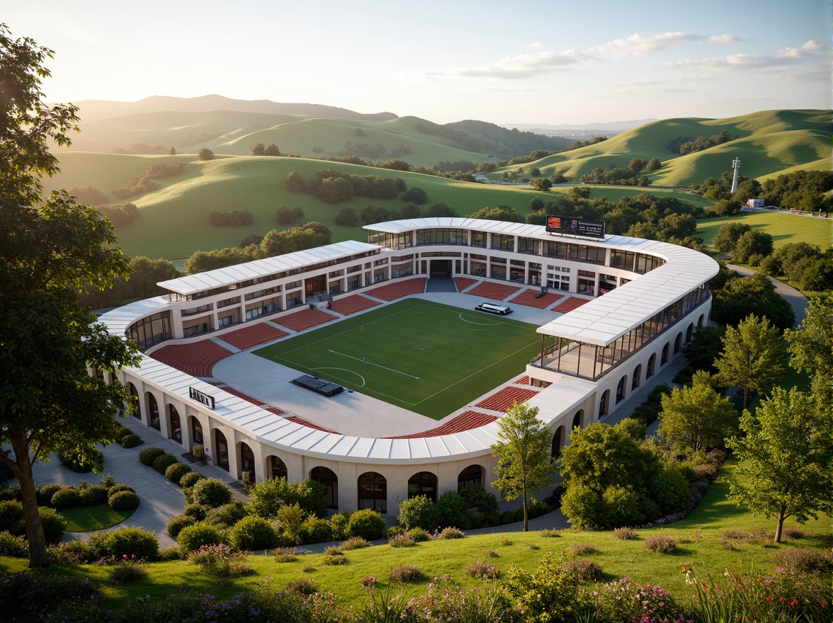 Prompt: Rolling hills, lush greenery, serene landscape, classical architecture, grandiose stadium design, symmetrical fa\u00e7ade, columns, arches, domed roofs, ornate details, vintage scoreboard, nostalgic seating, natural stone walls, manicured lawns, vibrant flowers, sunny day, soft warm lighting, shallow depth of field, 3/4 composition, panoramic view, realistic textures, ambient occlusion, sweeping curves, elegant lines, luxurious materials, sophisticated color palette.