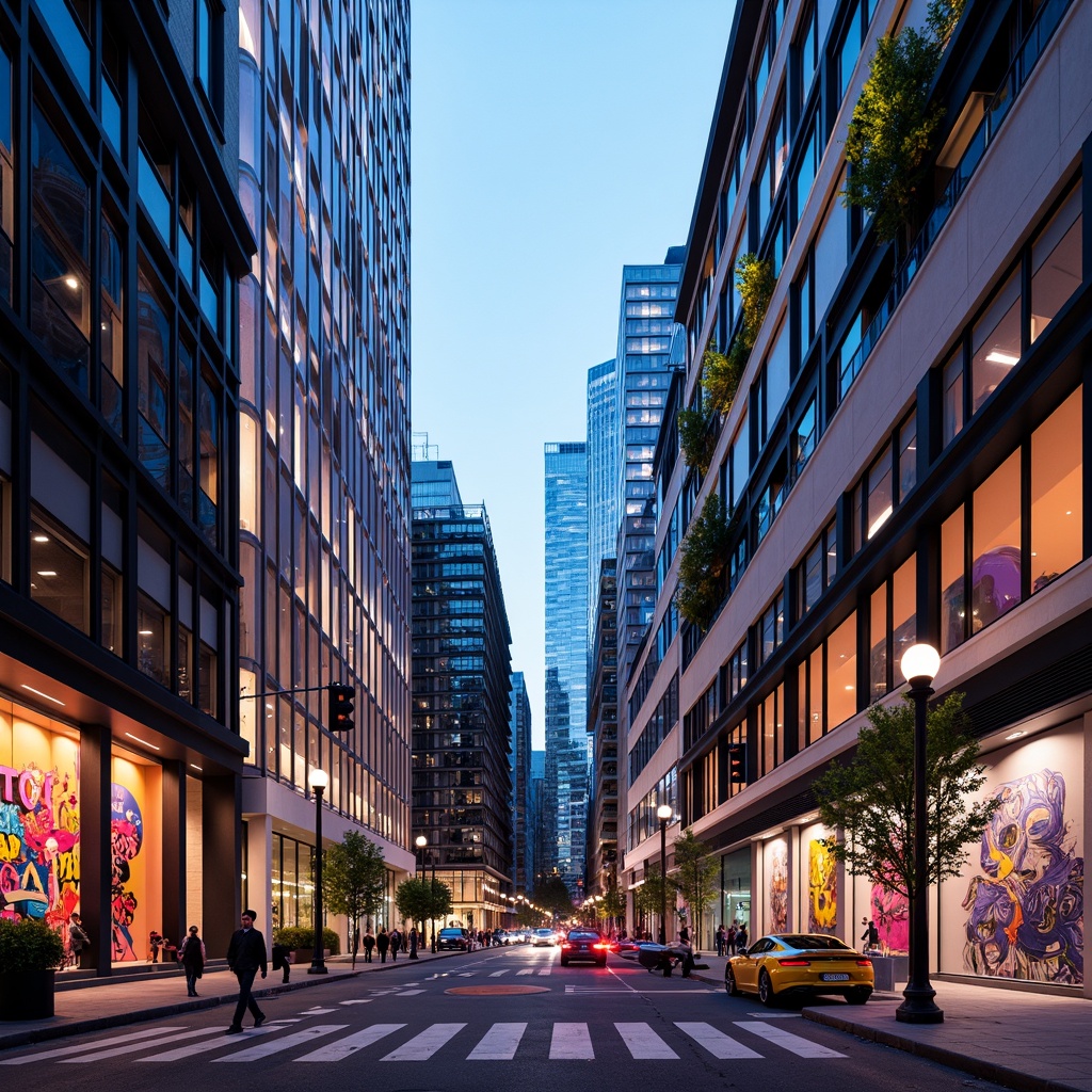 Prompt: Vibrant cityscape, bold color blocking, contrasting textures, metallic accents, neon lights, urban skyscrapers, modern architecture, sleek glass facades, geometric patterns, abstract murals, statement walls, colorful street art, pedestrian walkways, dynamic shadows, high-contrast lighting, 1/2 composition, dramatic focal points, atmospheric perspective.