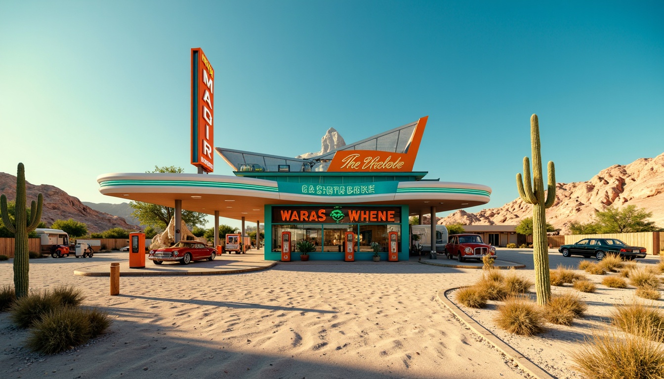 Prompt: Vibrant desert gas station, bold neon signs, retro-futuristic architecture, sleek metal canopies, glossy fuel pumps, bright turquoise accents, sunny day, clear blue sky, vast open space, cactus plants, sandy dunes, rugged rocky terrain, weathered wooden fences, vintage car models, rusty old trucks, faded denim textures, warm golden lighting, high contrast shadows, dramatic composition, cinematic mood, realistic reflections, ambient occlusion.