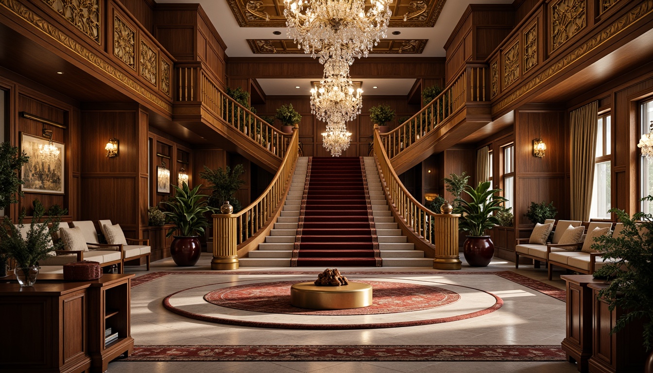 Prompt: Intricate ornate carvings, luxurious gold accents, opulent velvet fabrics, majestic grand staircases, refined wooden paneling, lavish crystal chandeliers, delicate ceramic vases, sophisticated metallic fixtures, elegant marble countertops, subtle patterned rugs, warm ambient lighting, shallow depth of field, 1/2 composition, realistic textures, ambient occlusion.