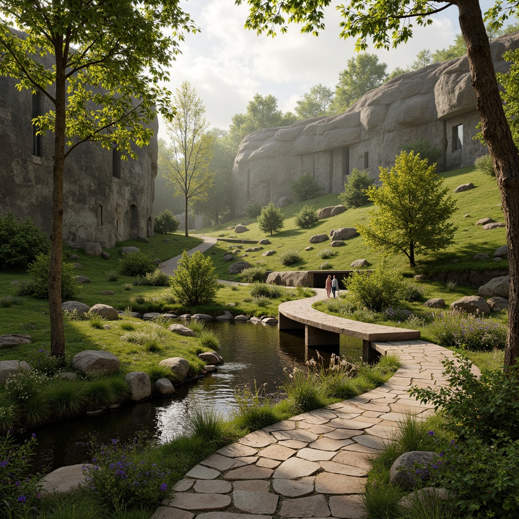 Prompt: Winding stone pathways, lush green meadows, wildflowers, deciduous trees, organic architecture, curved lines, natural materials, earthy tones, rustic wooden bridges, tranquil ponds, water features, soft misty atmosphere, warm golden lighting, shallow depth of field, 1/1 composition, intimate scale, immersive experience, realistic textures, ambient occlusion.