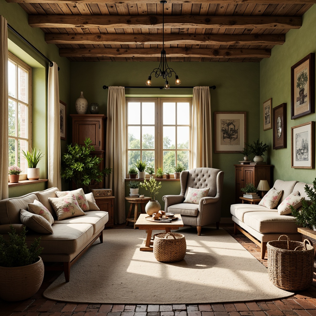 Prompt: Rustic farmhouse interior, distressed wood accents, vintage decor, earthy tones, moss green walls, worn brick floors, antique furniture pieces, floral patterned textiles, soft golden lighting, warm beige curtains, natural linen fabrics, woven baskets, potted plants, eclectic artwork, mixed metal fixtures, reclaimed wood shelves, cozy reading nooks, plush area rugs, soft pastel hues, subtle texture overlays, 1/2 composition, intimate atmosphere, realistic render.