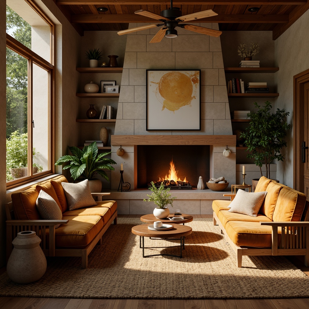 Prompt: Cozy living room, warm wooden furniture, plush velvet sofas, crackling fireplace, soft golden lighting, rich wood accents, earthy color palette, natural stone walls, woven jute rugs, comfortable seating areas, stylish decorative pillows, vibrant greenery, elegant chandeliers, modern minimalist decor, calming ambiance, shallow depth of field, 1/1 composition, warm neutral tones.