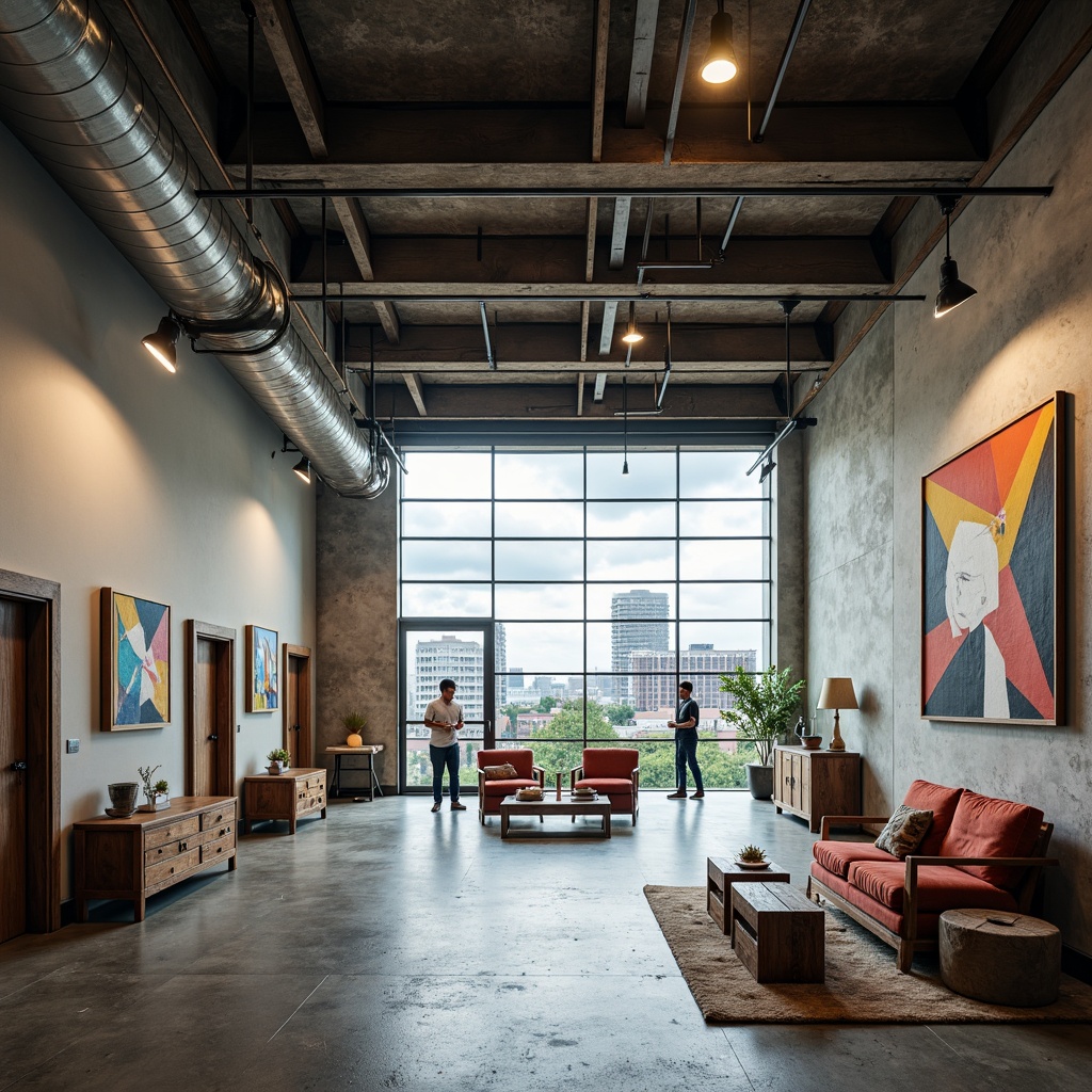 Prompt: Industrial heritage building, exposed ductwork, metal beams, concrete floors, minimalist decor, open plan layout, natural light pouring in, airy atmosphere, abstract art installations, geometric shapes, bold color accents, reclaimed wood furniture, functional lighting fixtures, urban cityscape views, cloudy sky, soft diffused light, shallow depth of field, 1/1 composition, symmetrical framing, high contrast ratios.