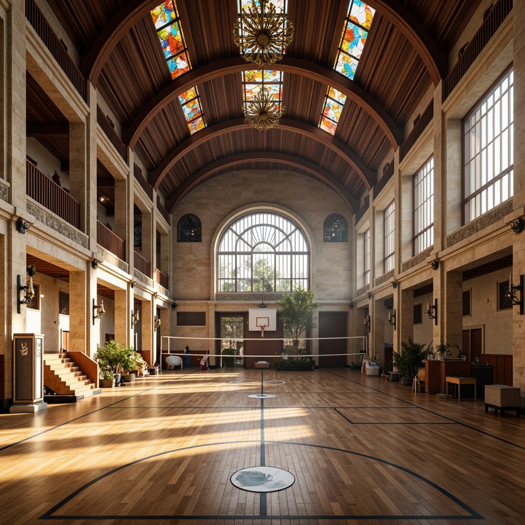 Prompt: Renaissance-style gymnasium, grand high ceiling, large arched windows, stained glass skylights, ornate stone walls, polished wooden floors, athletic equipment, basketball hoops, volleyball nets, exercise machines, natural stone columns, elegant chandeliers, soft warm lighting, shallow depth of field, 1/2 composition, panoramic view, realistic textures, ambient occlusion, morning sunlight, diffused shadows, warm color palette.