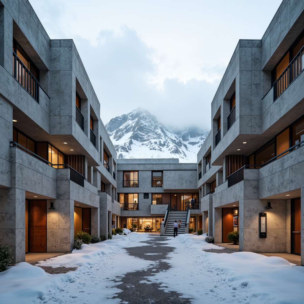 Prompt: Rugged ski center, brutalist architecture, raw concrete walls, angular lines, fortress-like structures, snow-capped roofs, minimalist design, functional aesthetics, industrial materials, steel beams, exposed ductwork, rough-hewn wood accents, dramatic cantilevers, monumental staircases, grand entrance halls, panoramic views, misty mountain scenery, overcast skies, warm interior lighting, 1/1 composition, symmetrical framing, high-contrast textures, ambient occlusion.