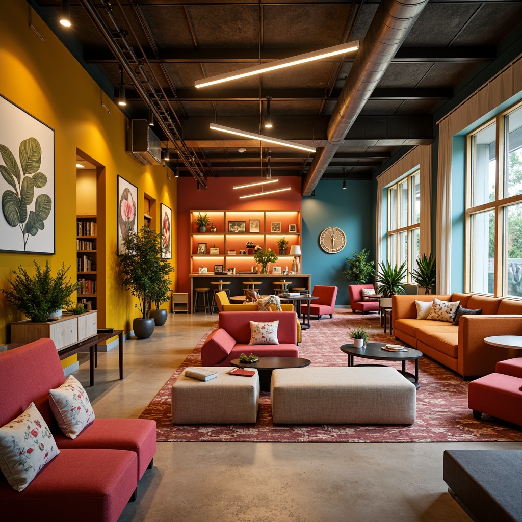 Prompt: Vibrant hostel lobby, bold color blocking, contrasting furniture, warm wooden accents, cozy reading nooks, plush throw pillows, eclectic artwork, industrial metal lighting, concrete floors, modern minimalist decor, natural textiles, calming botanical prints, soft pastel hues, warm golden lighting, shallow depth of field, 1/1 composition, realistic renderings