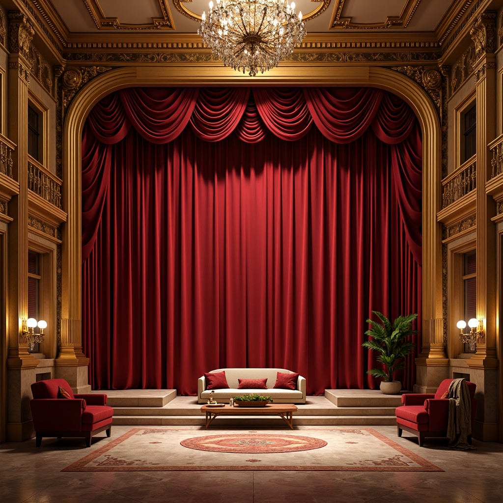 Prompt: Rich red velvet curtains, golden ornate details, crystal chandeliers, marble floors, grand staircases, luxurious seating areas, lavish drapery, intricate moldings, opulent furnishings, Baroque-inspired patterns, rich jewel-toned colors, dramatic lighting effects, spotlights on stage, warm ambient glow, 1/1 composition, symmetrical framing, high-contrast rendering, realistic reflections, detailed textures.