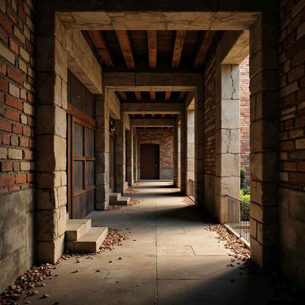 Prompt: Rough-hewn stone walls, weathered wooden planks, rusty metal accents, tactile brick facades, undulating concrete surfaces, organic natural materials, earthy color palette, dramatic shadow play, warm ambient lighting, low-angle photography, cinematic composition, 3/4 framing, shallow depth of field, realistic textures, subtle normal mapping.