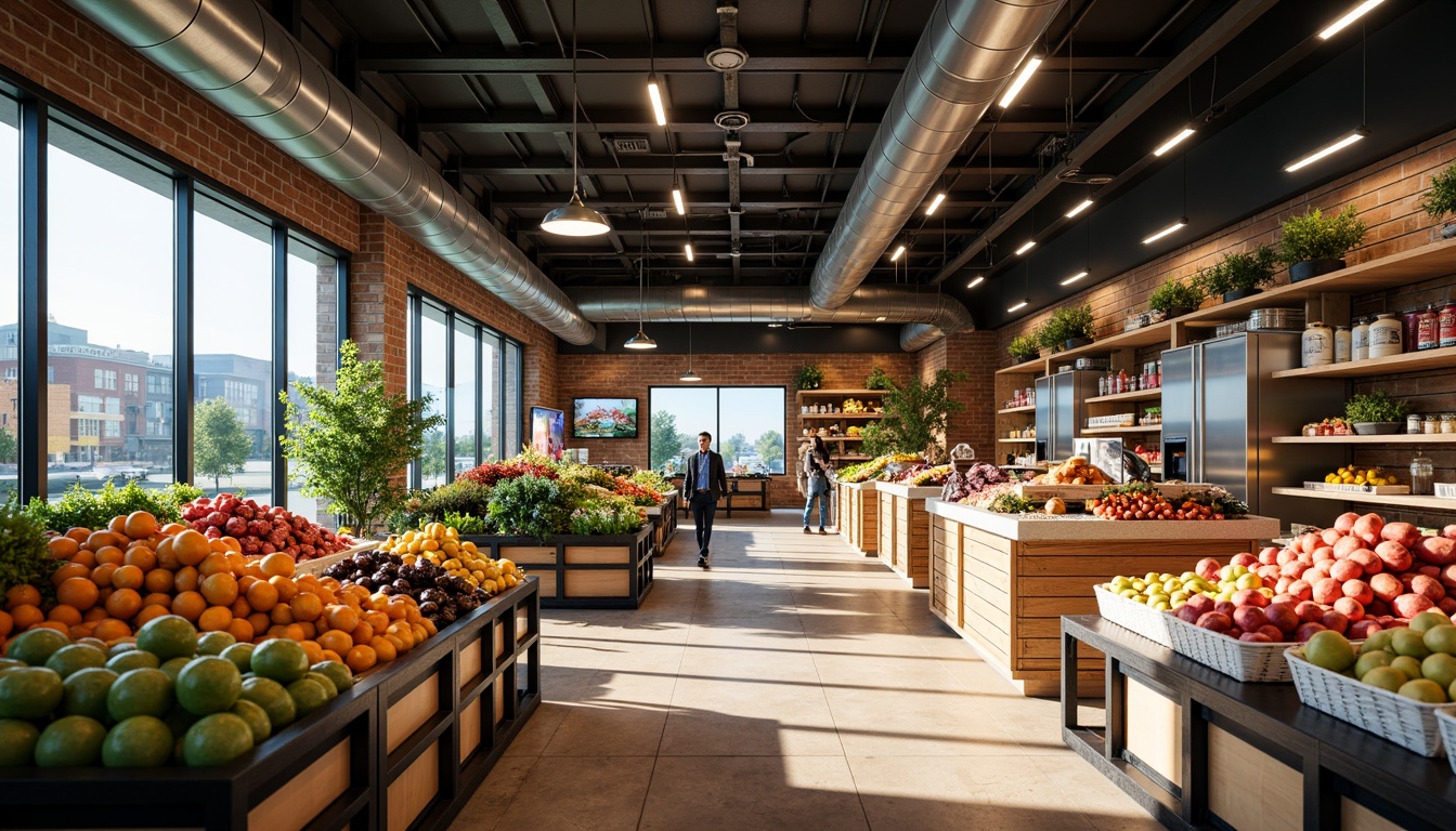 Prompt: Vibrant grocery store interior, modern LED lighting systems, sleek metal fixtures, energy-efficient solutions, aisle lighting, shelf accent lighting, colorful produce displays, fresh food counters, wooden flooring, stainless steel equipment, industrial-style ceiling, natural daylight pouring in, soft warm ambiance, 1/2 composition, realistic reflections, ambient occlusion.