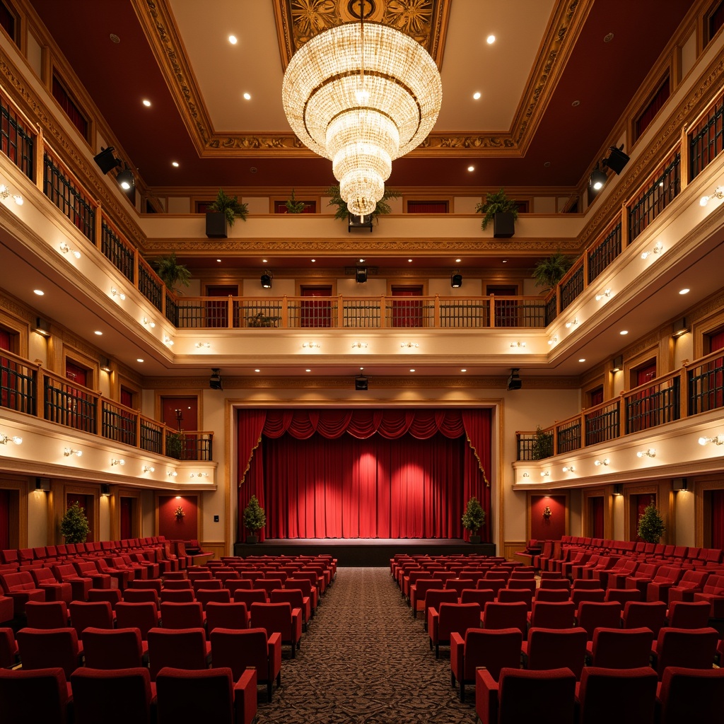 Prompt: Vibrant auditorium interior, rich wood tones, bold red accents, luxurious velvet seats, golden lighting fixtures, ornate architectural details, opulent chandeliers, warm beige walls, dark grey floors, subtle sheen fabrics, dramatic spotlights, grandiose staircases, elegant balconies, majestic high ceilings, sophisticated sound systems, state-of-the-art acoustics, intimate performance atmosphere, soft warm glow, 3/4 composition, cinematic lighting effects.