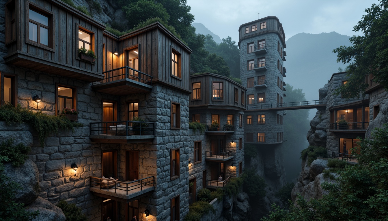 Prompt: Rustic watchtower, stone walls, wooden beams, rugged textures, elevated platforms, winding staircases, narrow windows, lantern-style lighting, medieval-inspired architecture, fortified battlements, mountainous surroundings, misty atmosphere, soft warm glow, low-key lighting, atmospheric perspective, cinematic composition, detailed stonework, realistic weathering effects.