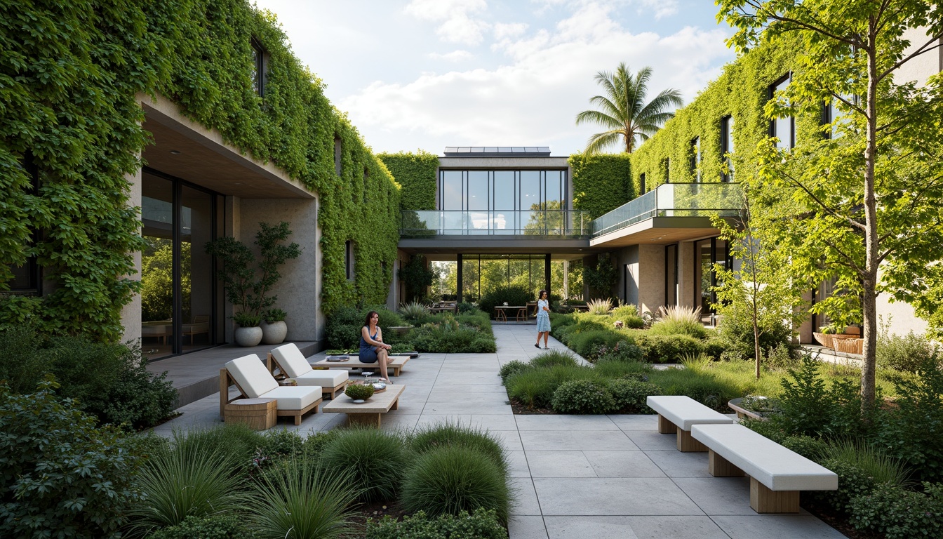 Prompt: Vibrant green walls, lush rooftop gardens, floor-to-ceiling windows, natural stone facades, solar panels, green roofs, eco-friendly materials, minimalist interior design, airy open spaces, diffused soft lighting, warm color tones, organic textures, seamless transitions, 1/1 composition, shallow depth of field, realistic renderings, ambient occlusion.