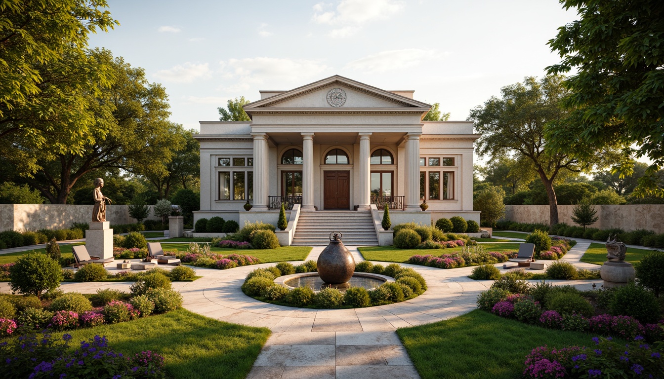 Prompt: Majestic neoclassical villa, symmetrical facade, ornate columns, grand entrance, manicured lawns, blooming flowerbeds, serene water features, majestic trees, rustic stone walls, weathered bronze statues, intricate ironwork, soft golden lighting, 1/1 composition, shallow depth of field, natural textures, ambient occlusion.