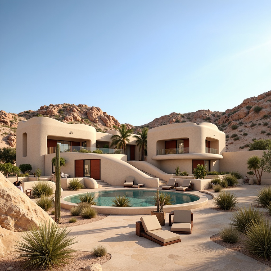 Prompt: Vibrant desert landscape, sandy dunes, cactus plants, warm sunny day, clear blue sky, earthy tone buildings, natural stone facades, curved lines, minimalist design, harmonious color palette, terracotta red accents, soft beige stucco, turquoise glass details, weathered wood textures, ambient occlusion, shallow depth of field, 3/4 composition, panoramic view, realistic materials, subtle gradient skies.