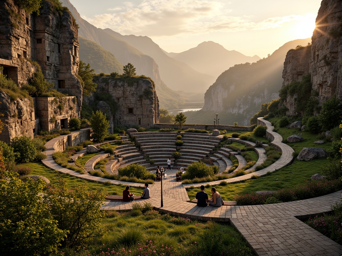 Prompt: Mountainous amphitheater, eclectic architecture, irregular stone walls, lush greenery, vibrant wildflowers, meandering pathways, rustic wooden benches, scenic lookout points, panoramic views, warm golden lighting, dramatic sunsets, atmospheric mist, shallow depth of field, 1/2 composition, symmetrical balance, natural textures, ambient occlusion, blending boundaries, harmonious contrasts, organic forms, dynamic shapes.Let me know if this meets your requirements!